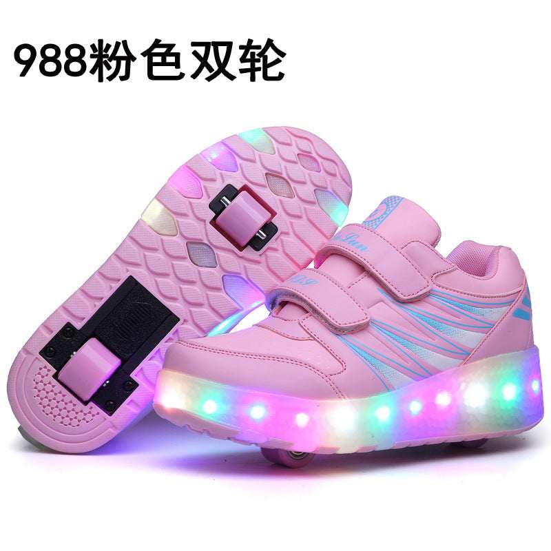 Pink kids LED roller shoes with double hook straps and glowing multi-color wheel lights