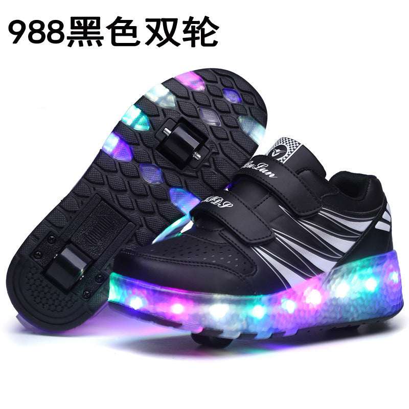Black LED roller sneakers with hook-and-loop straps and multicolor light-up wheels