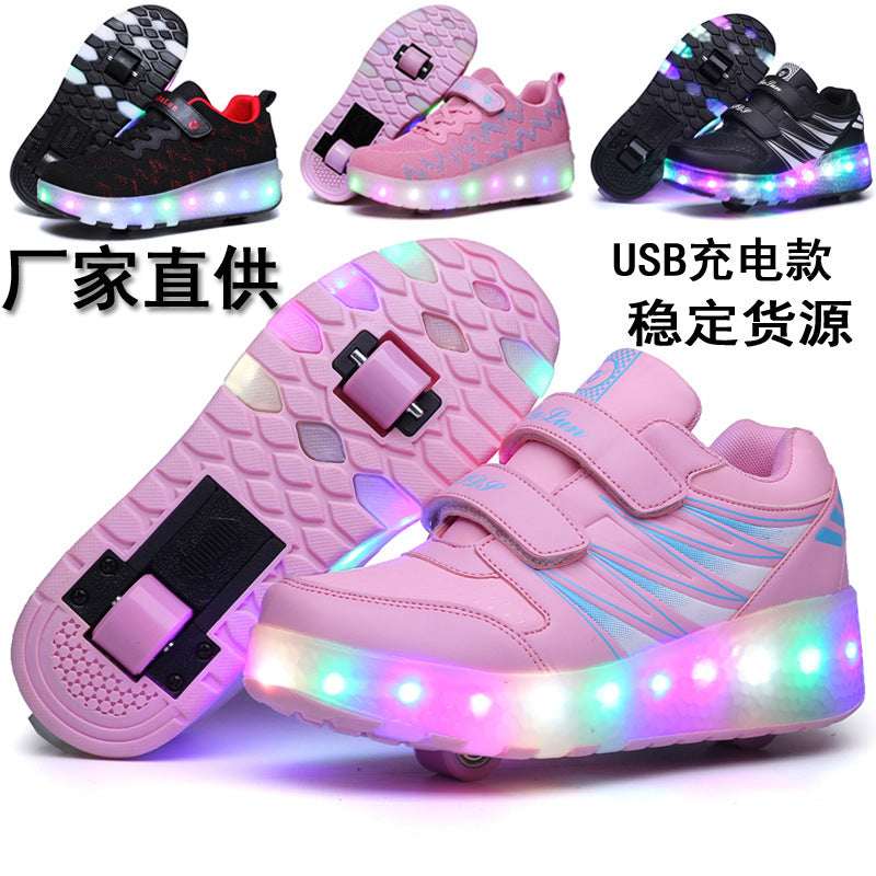 Pink LED roller sneakers with hook-and-loop straps and multicolor light-up wheels