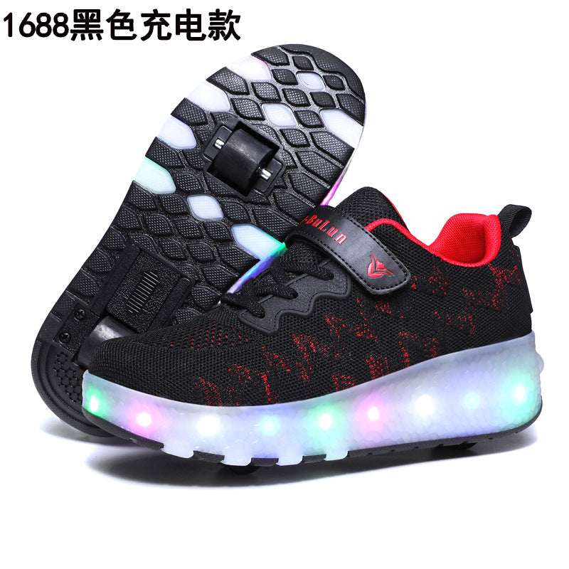 Black kids LED roller shoes with red accents, sneaker outsole, and glowing LED wheel strip