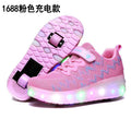 Pink kids LED roller shoes with blue patterned upper and glowing LED strip along the sole