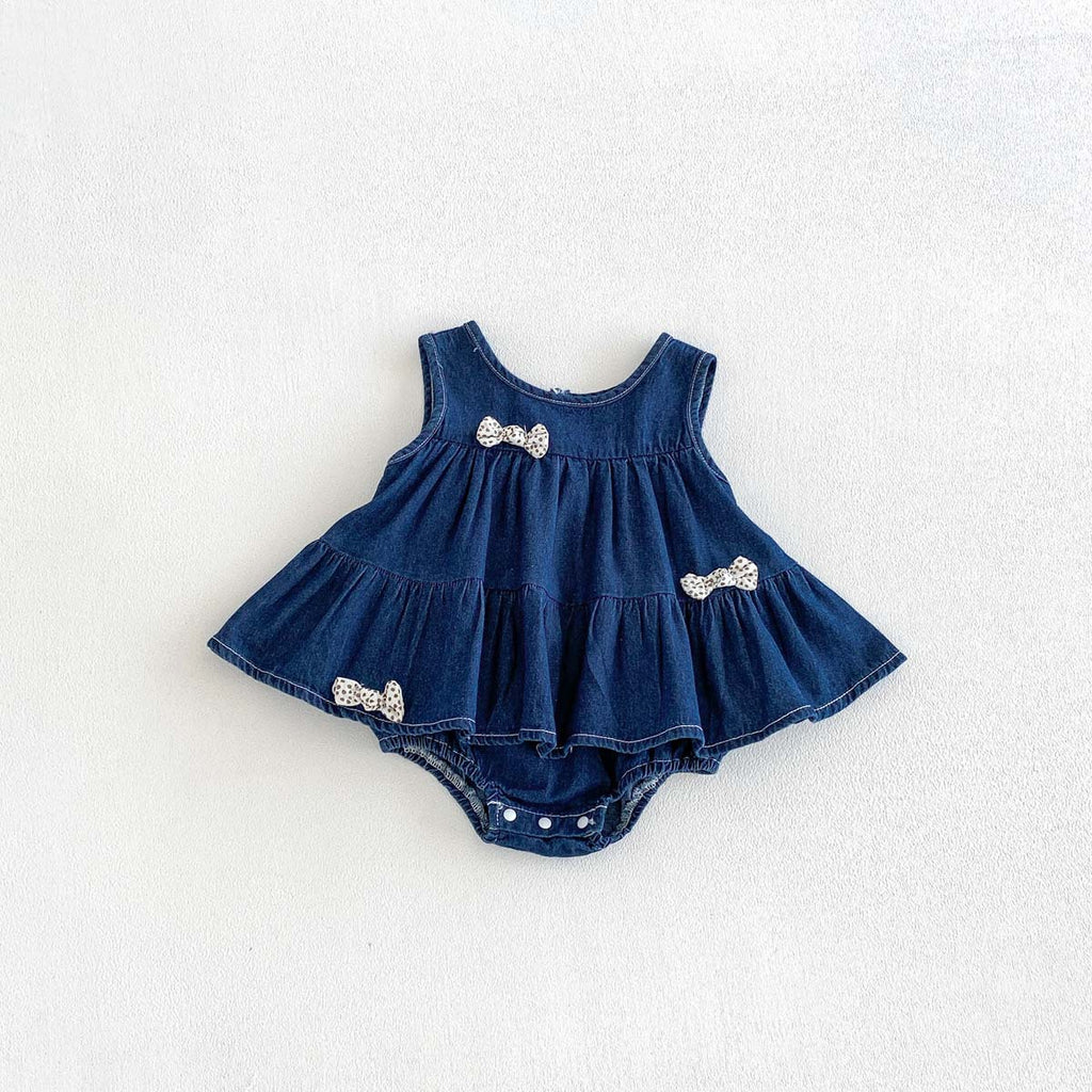 Child's Summer Sleeveless Denim Romper Dress with 3D Bow, Fashionable Baby Outfit