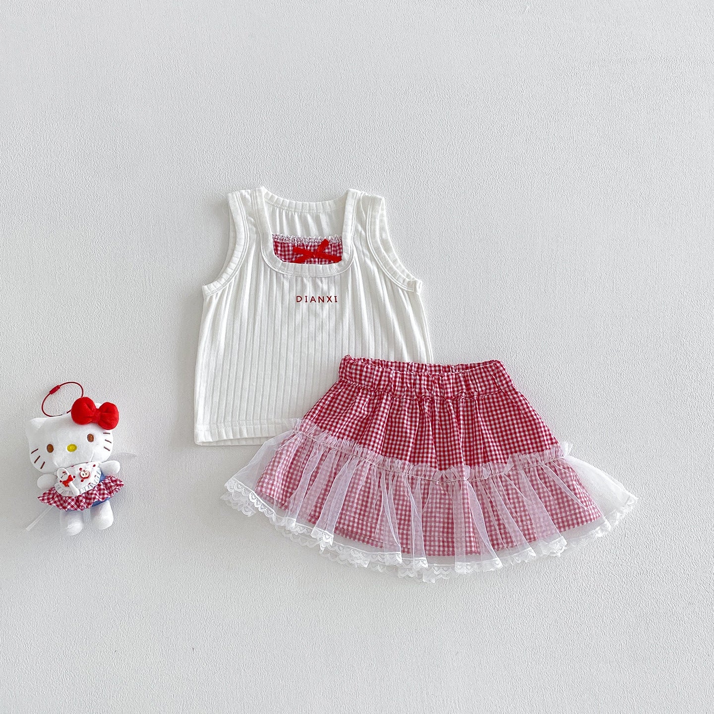Cute Baby Girl Summer Casual Knit Vest with Cool Mesh Checkered Skirt Stylish Two-Piece Set