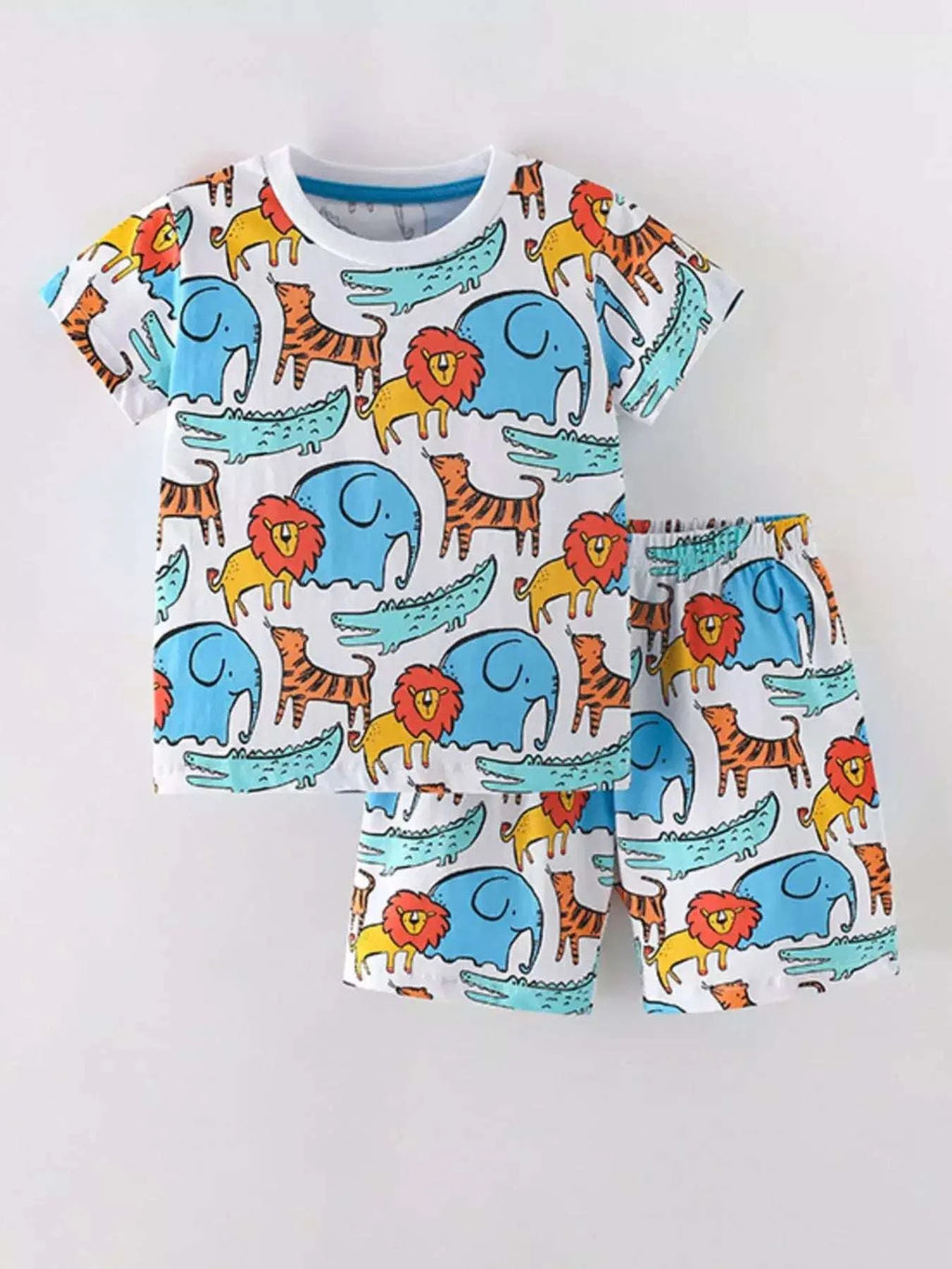 Childrens animal print short-sleeve tee and shorts set, pastel blue with mixed animals