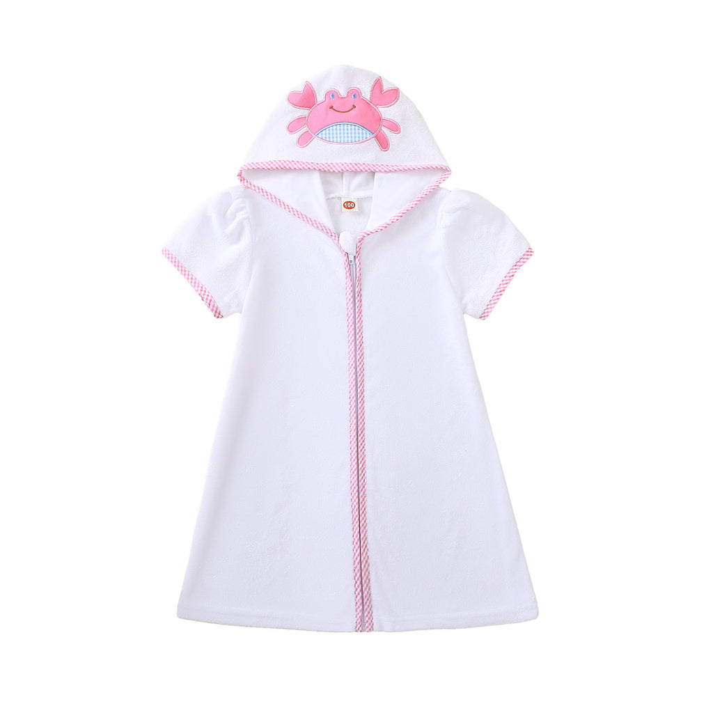 Summer Girls' Hooded Romper Crab Kids Swim Embroidered Cover-Up Baby Beach Towel Bathrobe