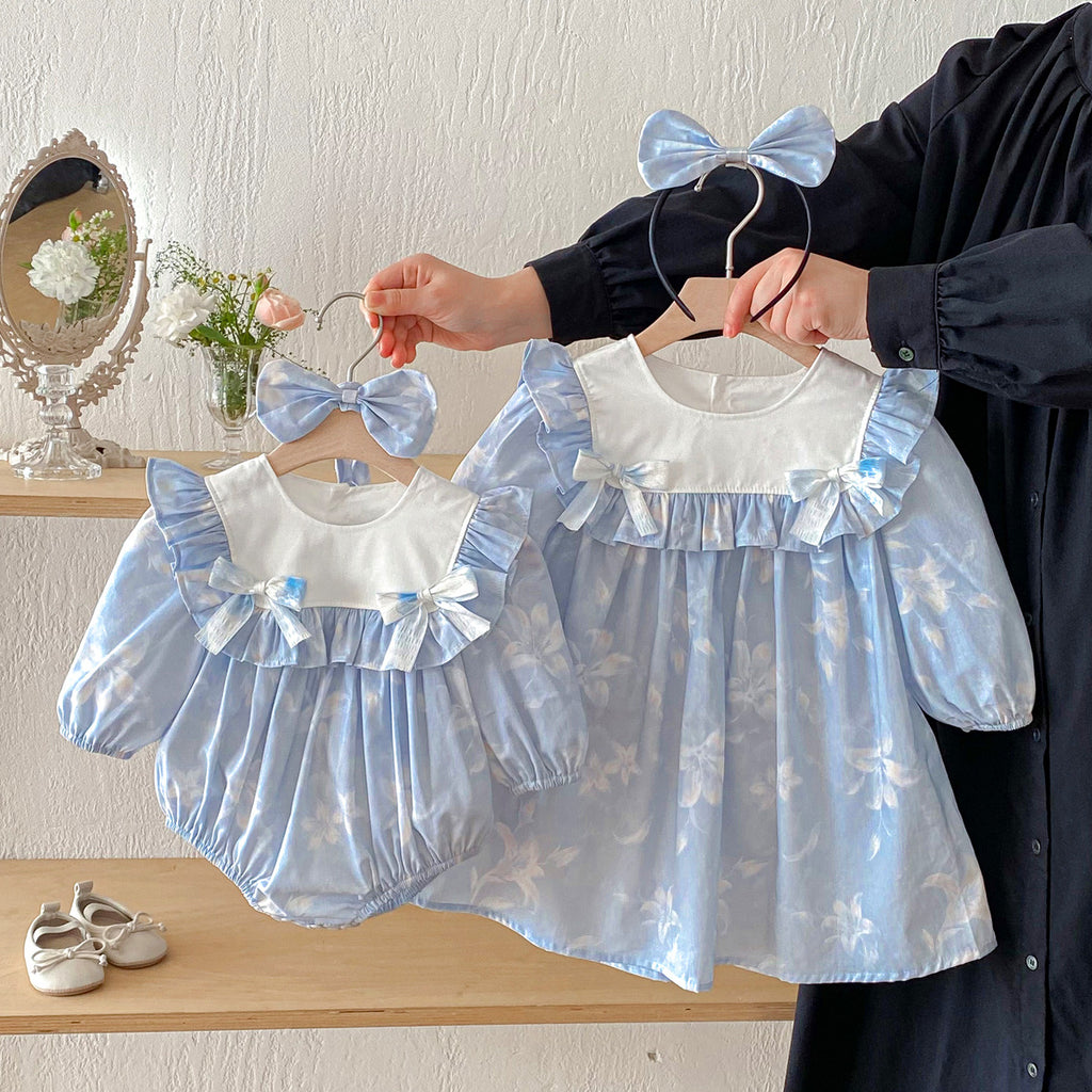 Cute Baby Girl Bodysuit with Blue Bow Dress, Spring Sister Outfit for Toddlers