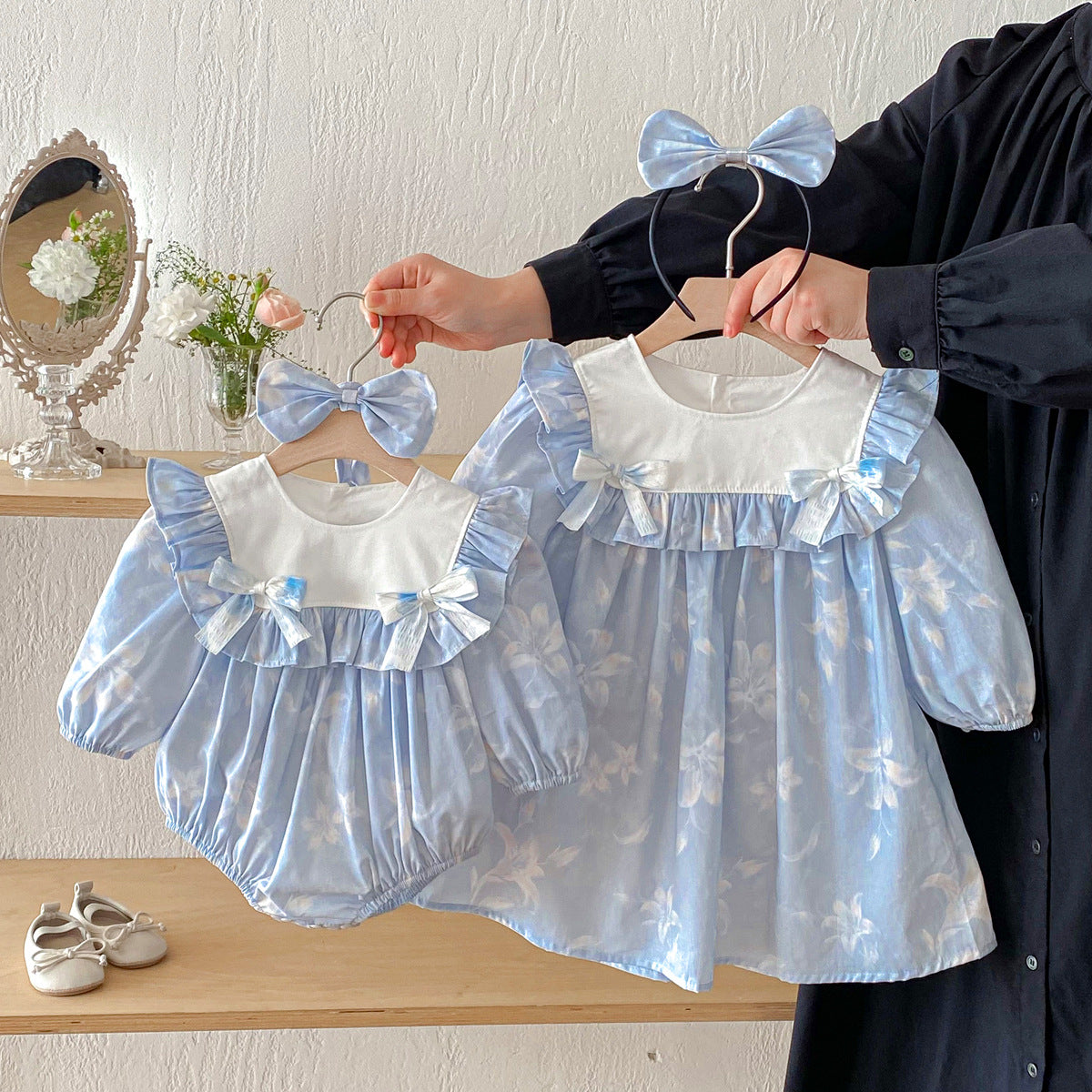Cute Baby Girl Bodysuit with Blue Bow Dress, Spring Sister Outfit for Toddlers
