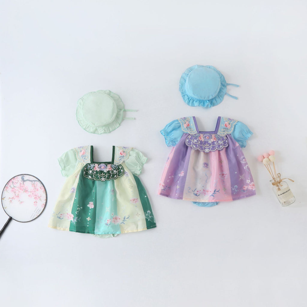 Summer Girls' Short Sleeve Retro Baby Hanfu Strapless Baby Romper, Baby Tang Suit Romper Dress