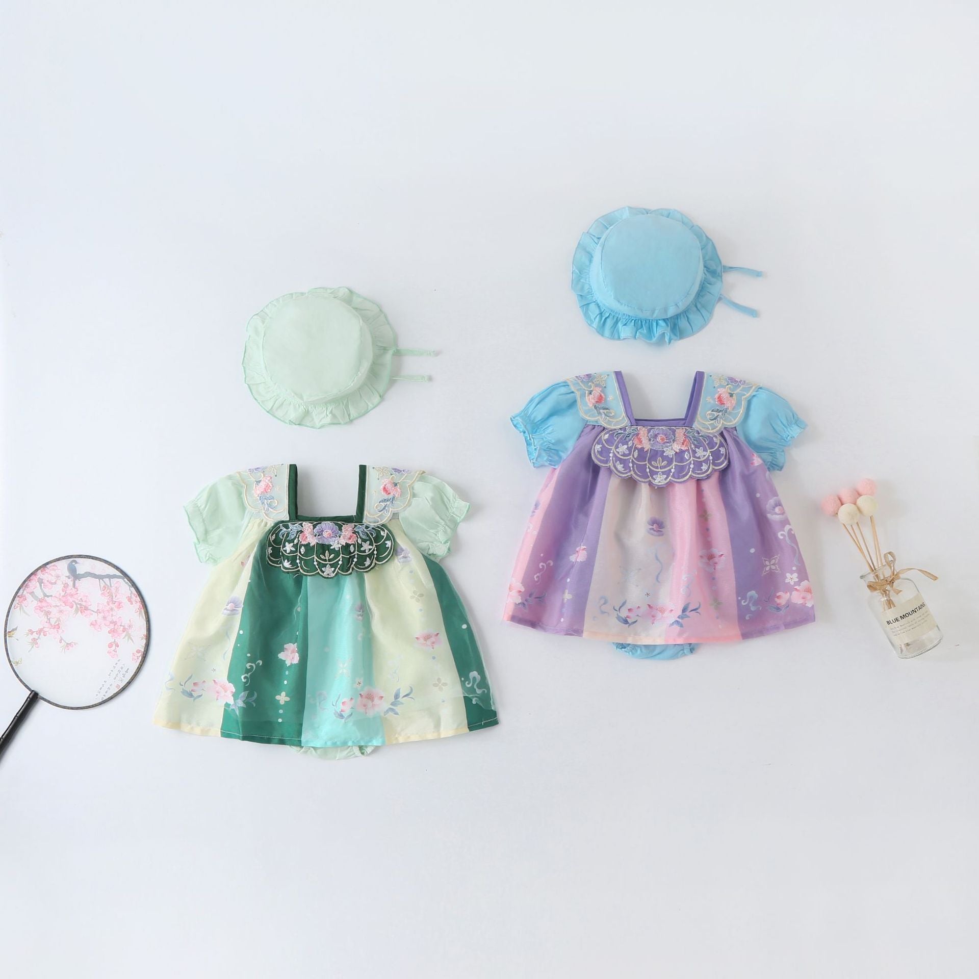 Summer Girls' Short Sleeve Retro Baby Hanfu Strapless Baby Romper, Baby Tang Suit Romper Dress