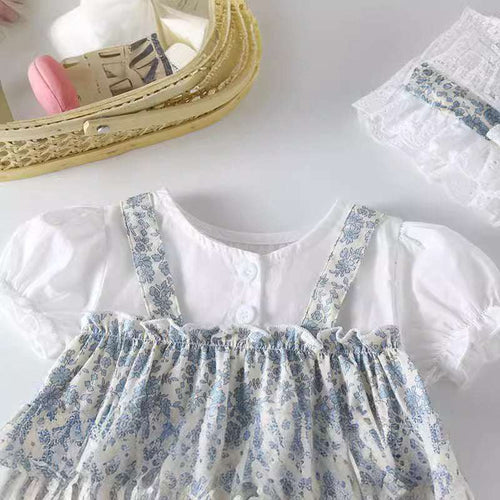 Baby girl light blue floral baby dress, square neckline, puff sleeves, gathered skirt
