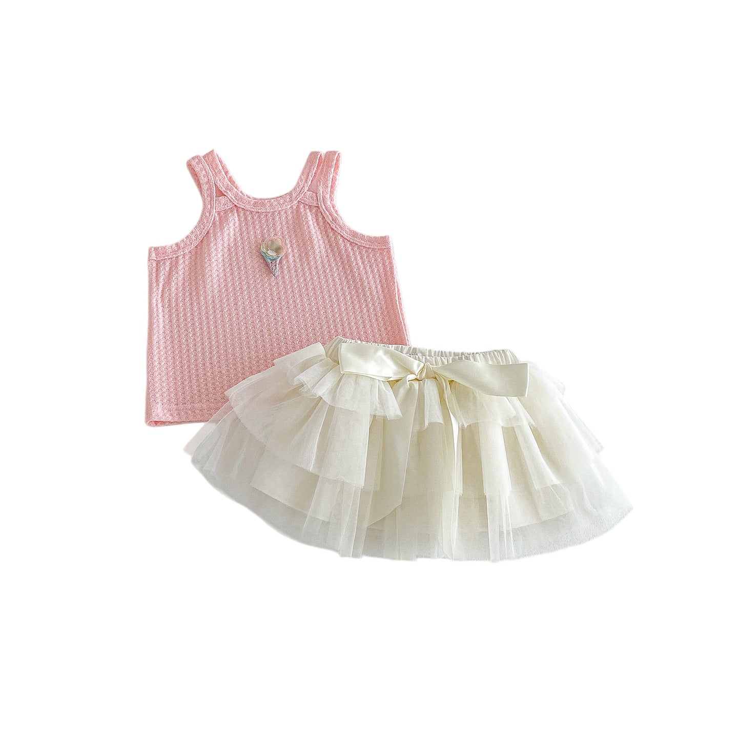 Summer New Baby Sweet Knit Vest with Breathable Bow Net Skirt Two-Piece Set