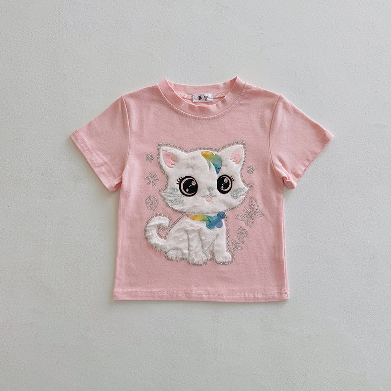 3D Cartoon Cute Cat Brick Design Sweet Top New Short Sleeve Summer Lightweight T-Shirt for Kids and Toddlers