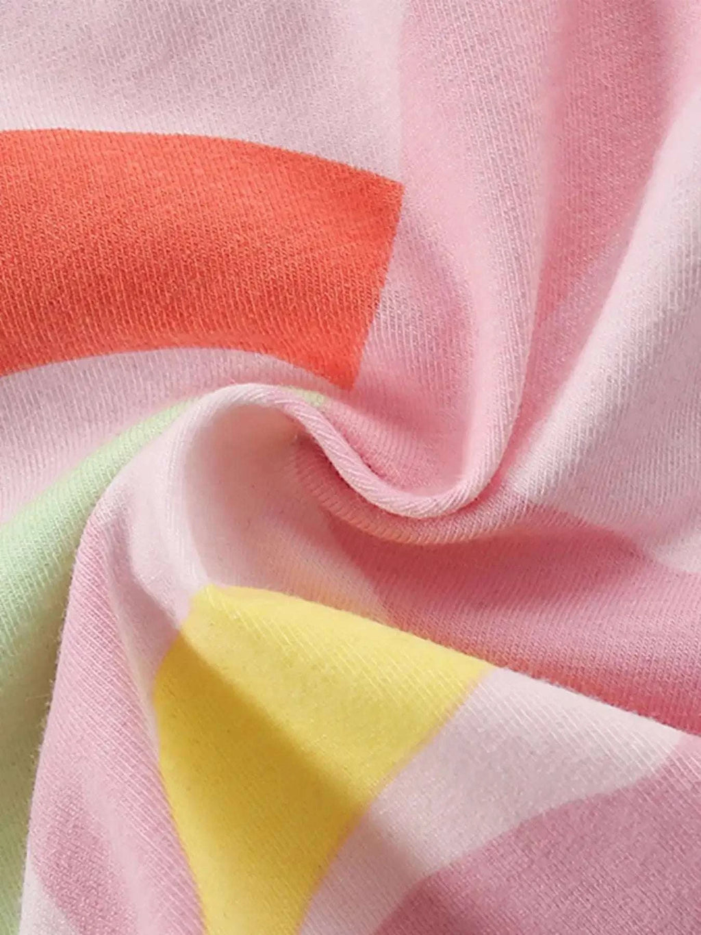 Kids T-shirt knit fabric with pink, white, and yellow striped pattern