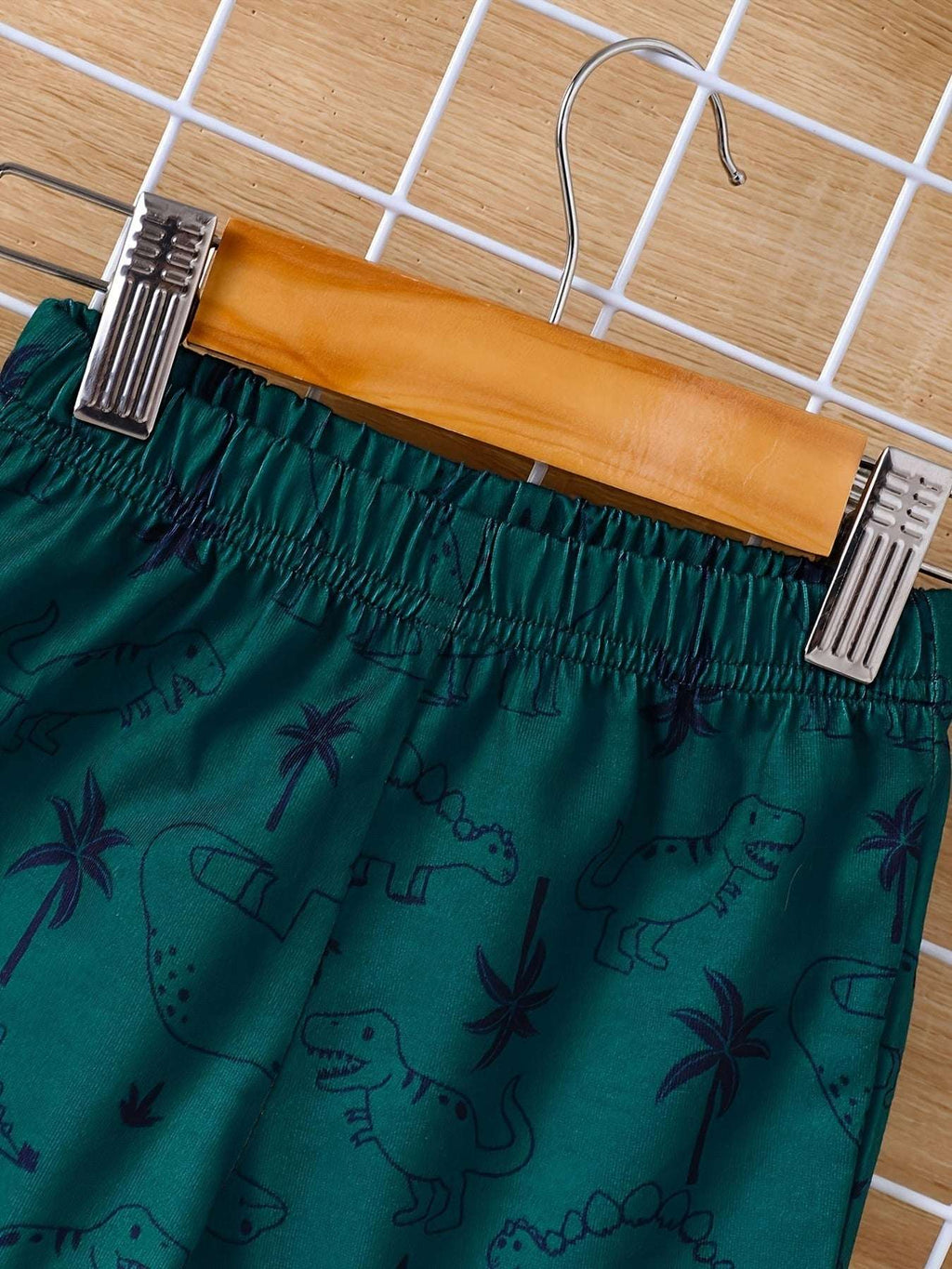Kids dark green dinosaur print elastic waist shorts