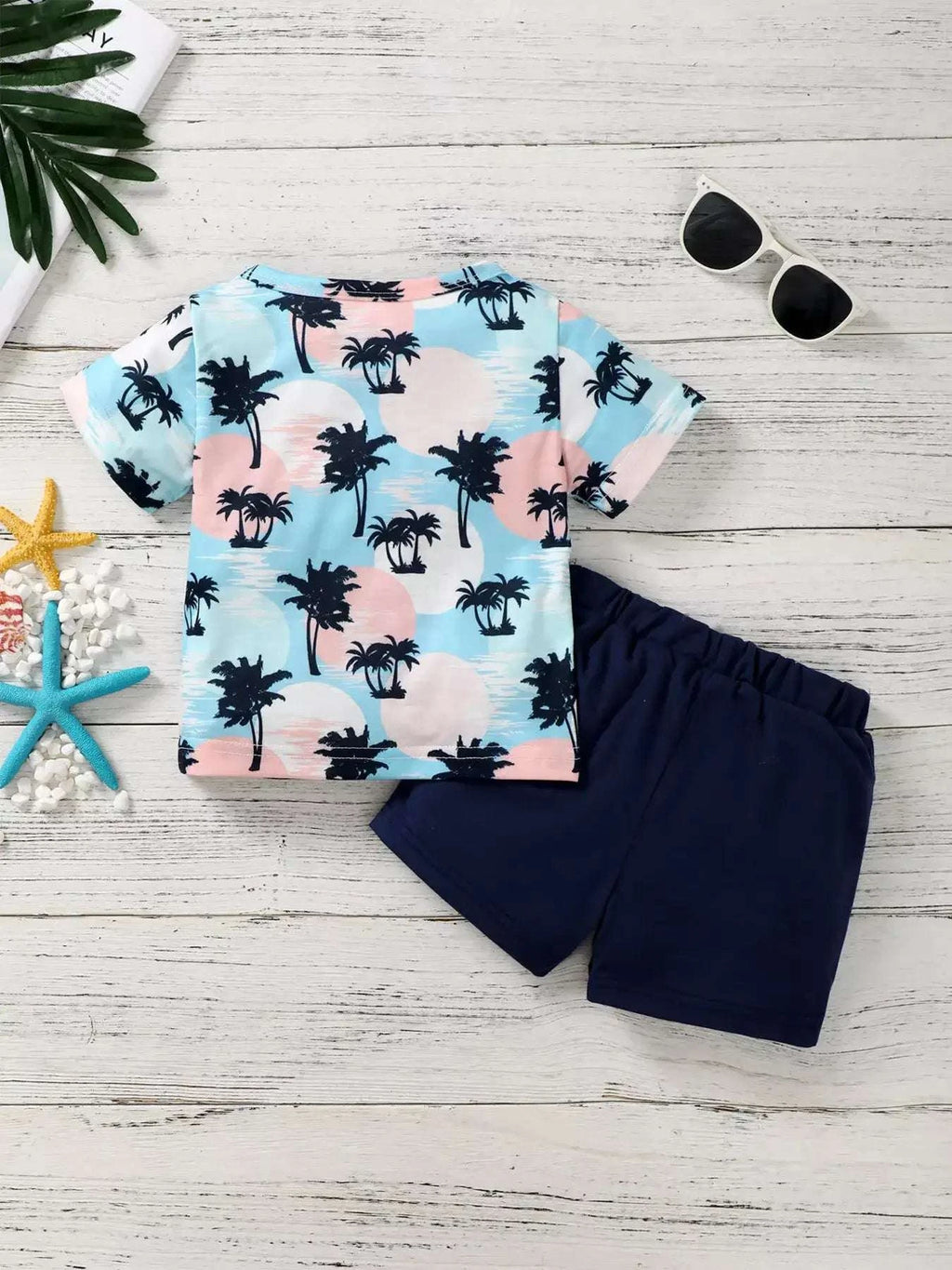 Kids palm print crew-neck tee with navy shorts, elastic waist