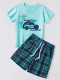 Kids aqua graphic T-shirt and teal plaid drawstring shorts set