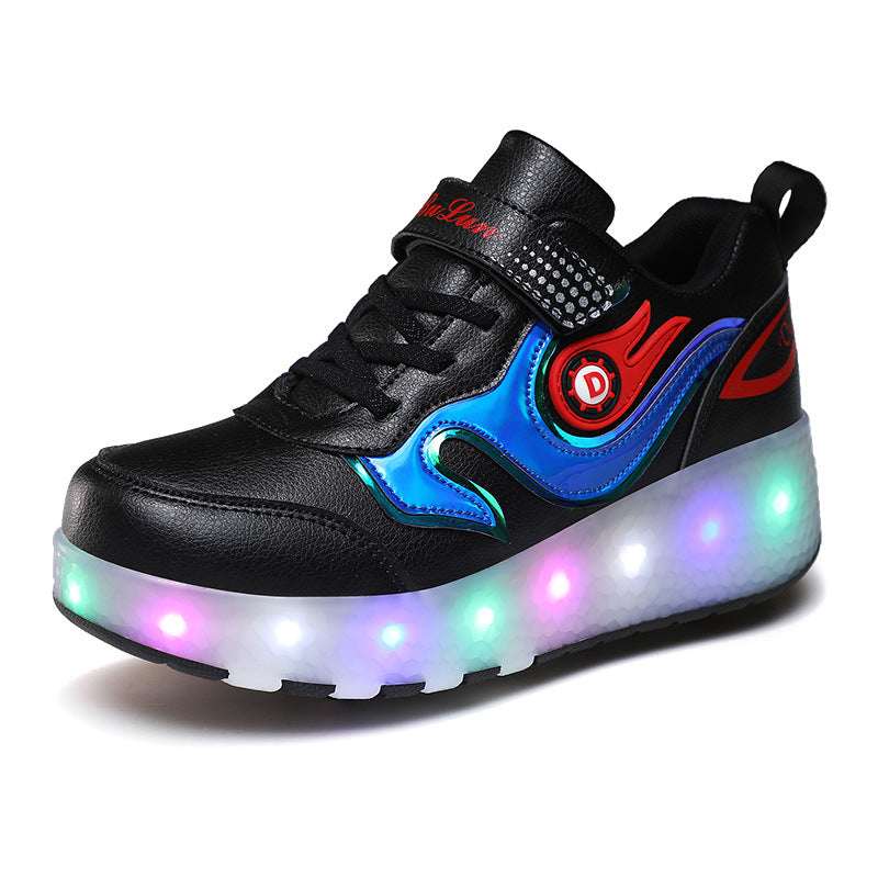 Black kids LED roller shoes with blue/red accents and glowing multi-color side lights