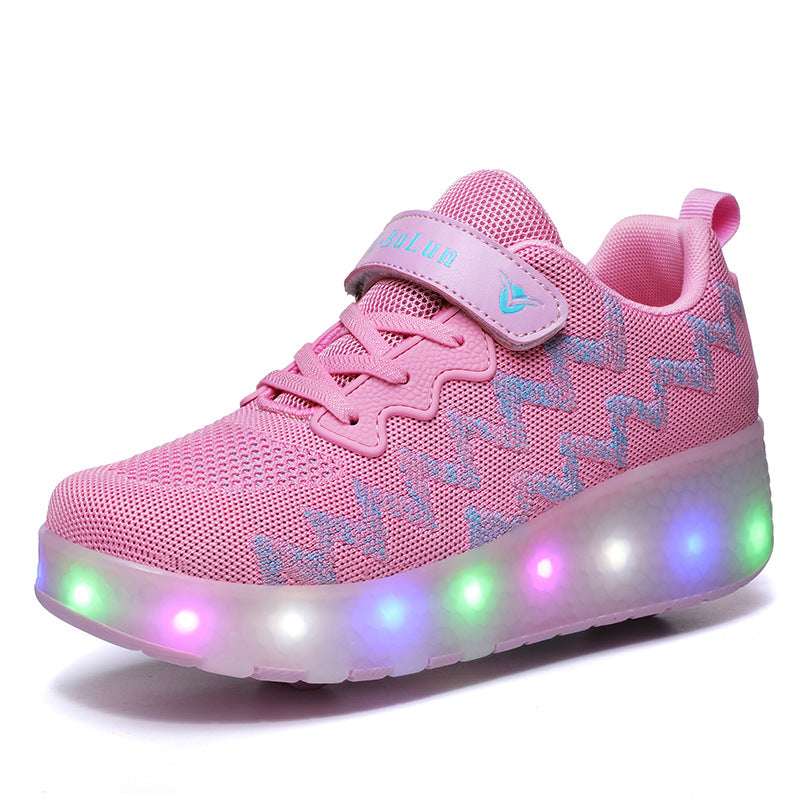 Pink mesh kids LED roller shoes with light-up LED strip along the sole