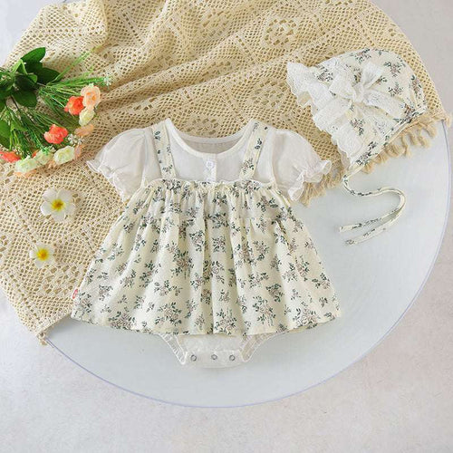 Cream floral short-sleeve baby romper with snap buttons and lace-trim headband