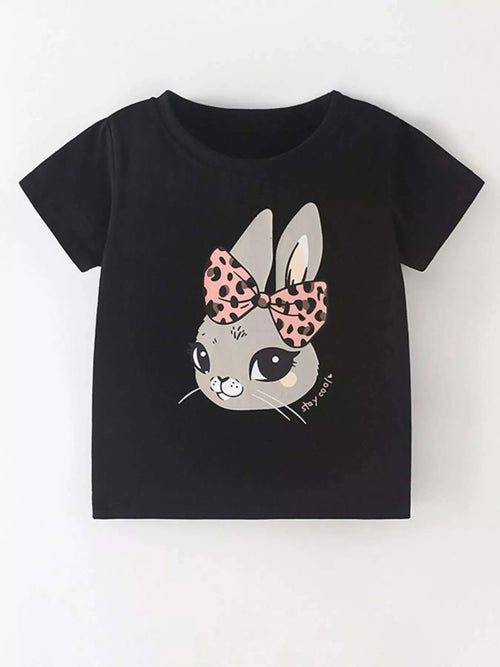 Black kids' bunny graphic crewneck T-shirt with pink bow and 'stay cool' print