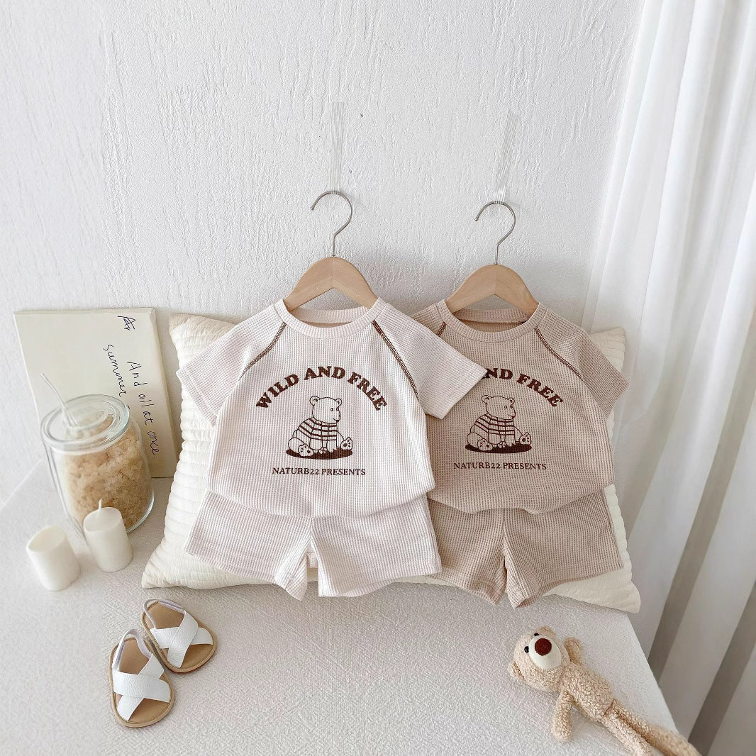 Infant and Toddler Clothes Set - Baby Summer Casual Waffle Knit Short Sleeve T-Shirt and Shorts Two-Piece Set