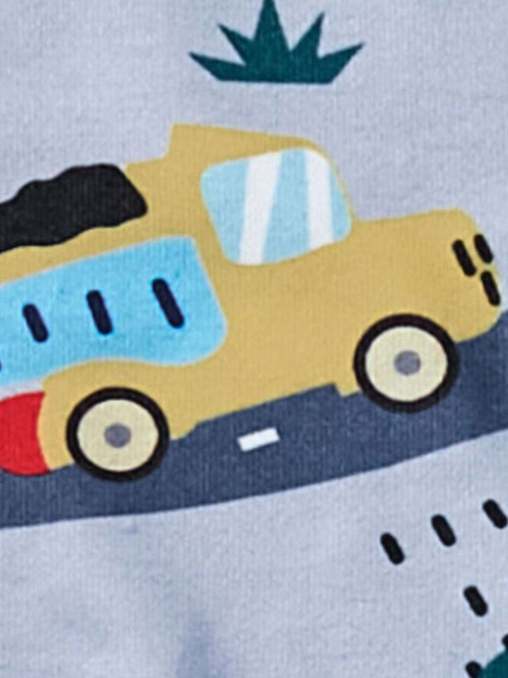 Dusty blue fabric with colorful construction vehicle print