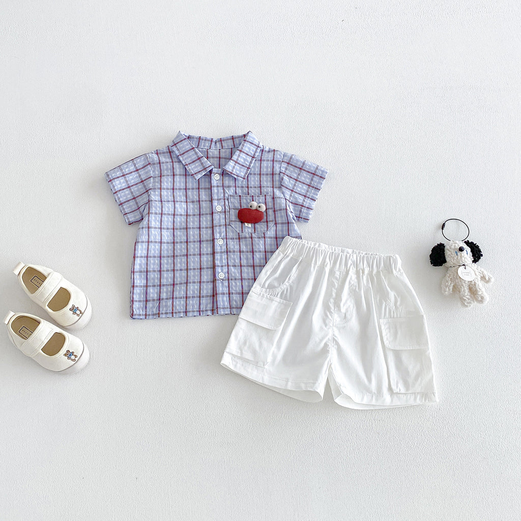 Summer New Infant and Toddler 3D Cartoon Checkered Short-Sleeve Shirt with Lightweight Work-Style Shorts Two-Piece Set