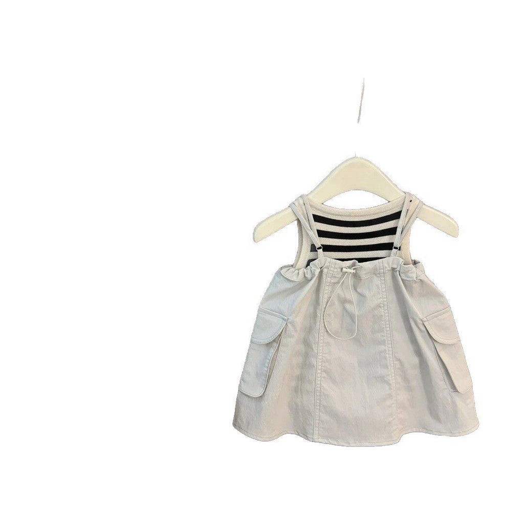 Striped Tank Top with Stylish  Cargo Overalls Dress Set for Baby Girls