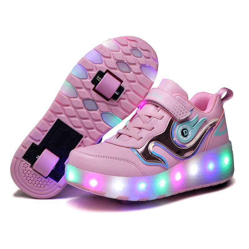 Light pink kids LED roller shoes with blue emblem and glowing LED light strip outsole