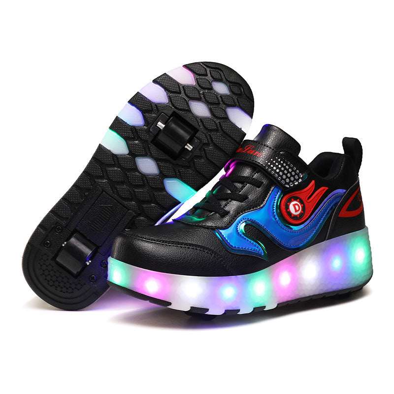 Black kids LED roller shoes with blue/red swoosh detail and glowing multi-color side lights