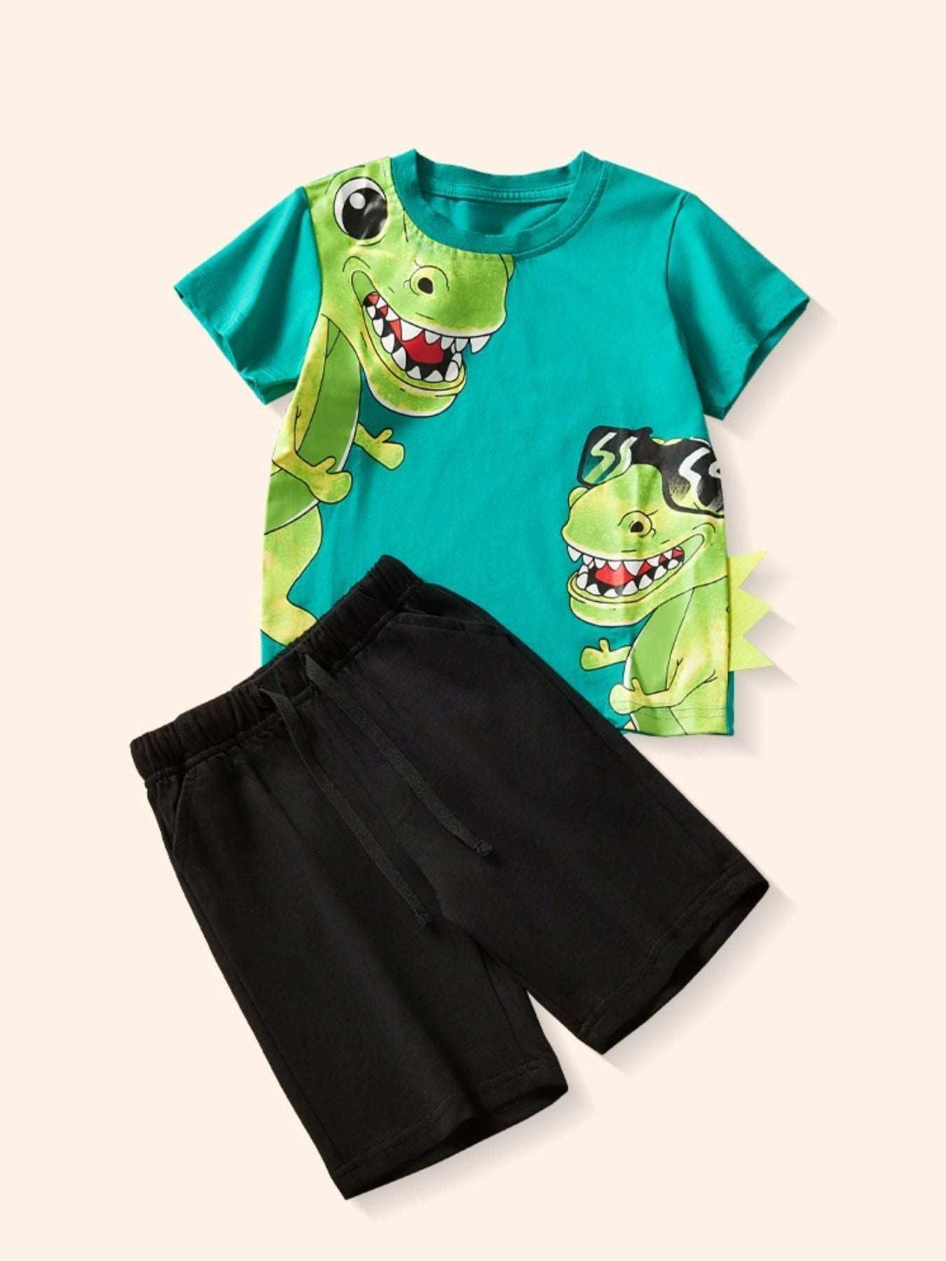 Children's dinosaur tee and shorts set, turquoise with green dinosaur prints, black shorts