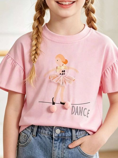 Blush pink girls ballet dancer graphic T-shirt with tutu dancer and “DANCE” print