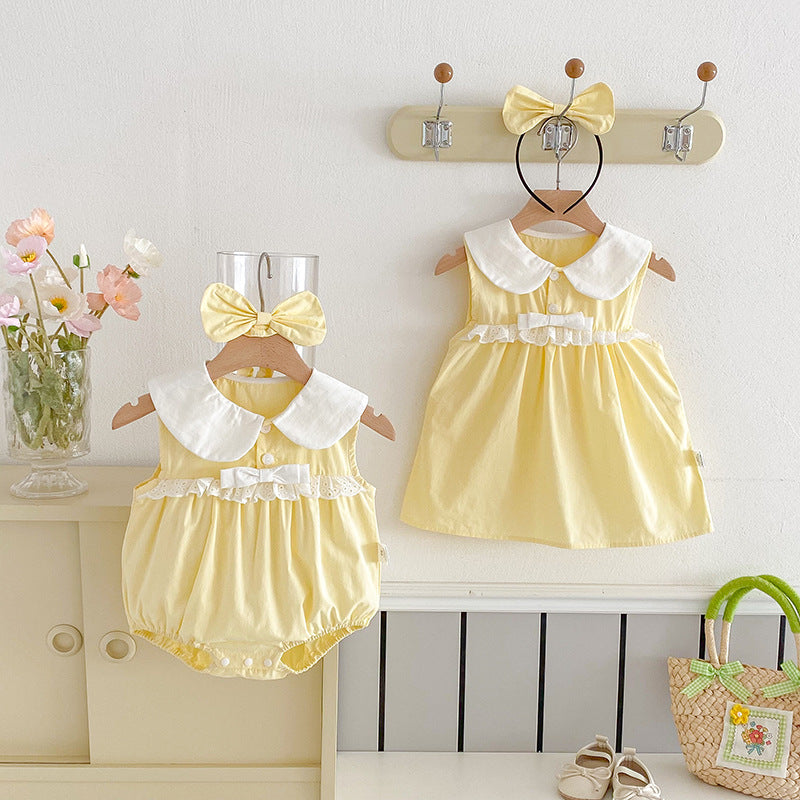 Baby Girls' Sleeveless Ins Triangular Romper Dress, Cream Yellow, Summer Outfit for Toddlers