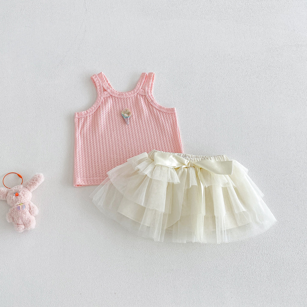 Summer New Baby Sweet Knit Vest with Breathable Bow Net Skirt Two-Piece Set