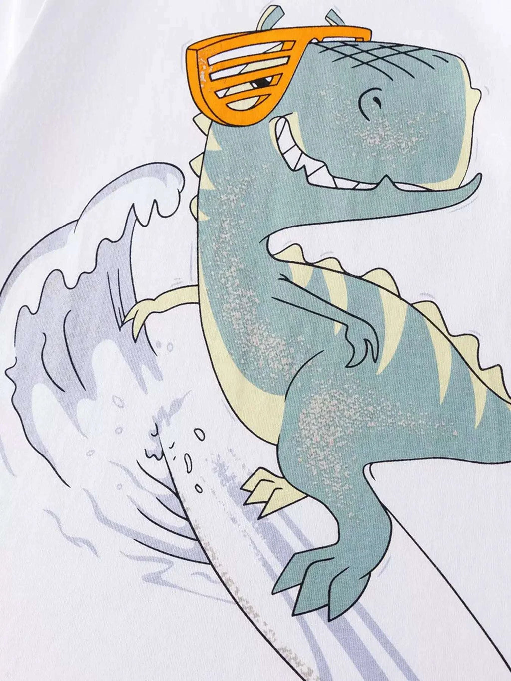 White kids dinosaur graphic tee with large blue dinosaur and orange visor