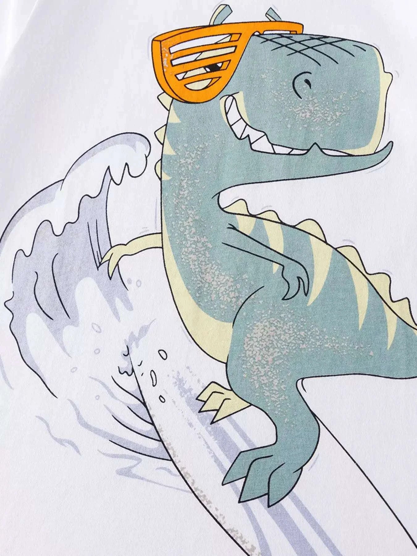 White kids dinosaur graphic tee with large blue dinosaur and orange visor