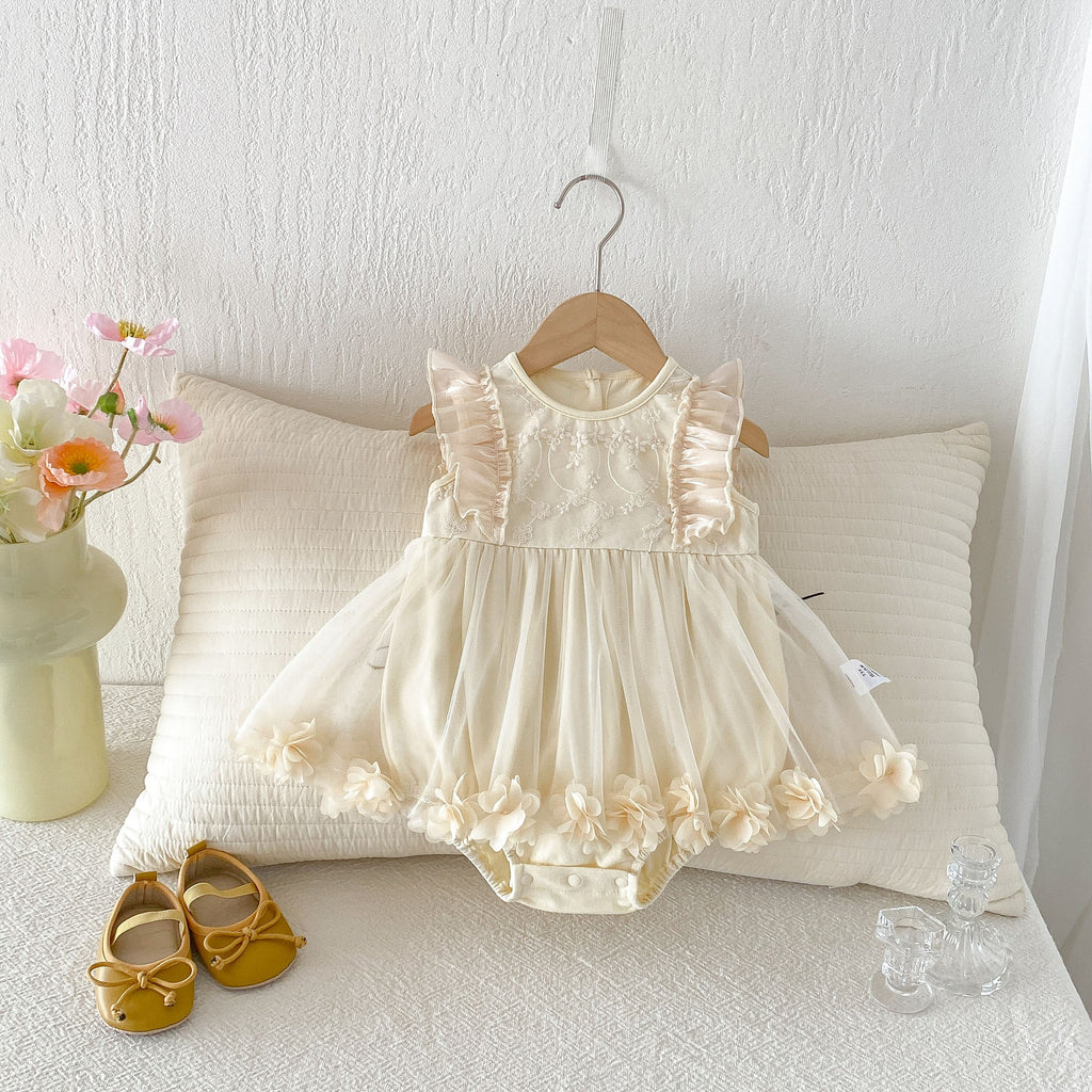 Baby Summer Clothes Mesh Romper Dress, Stylish Floral Princess Dress, Baby Girl's 100-Day Celebration Birthday One-Piece Outfit