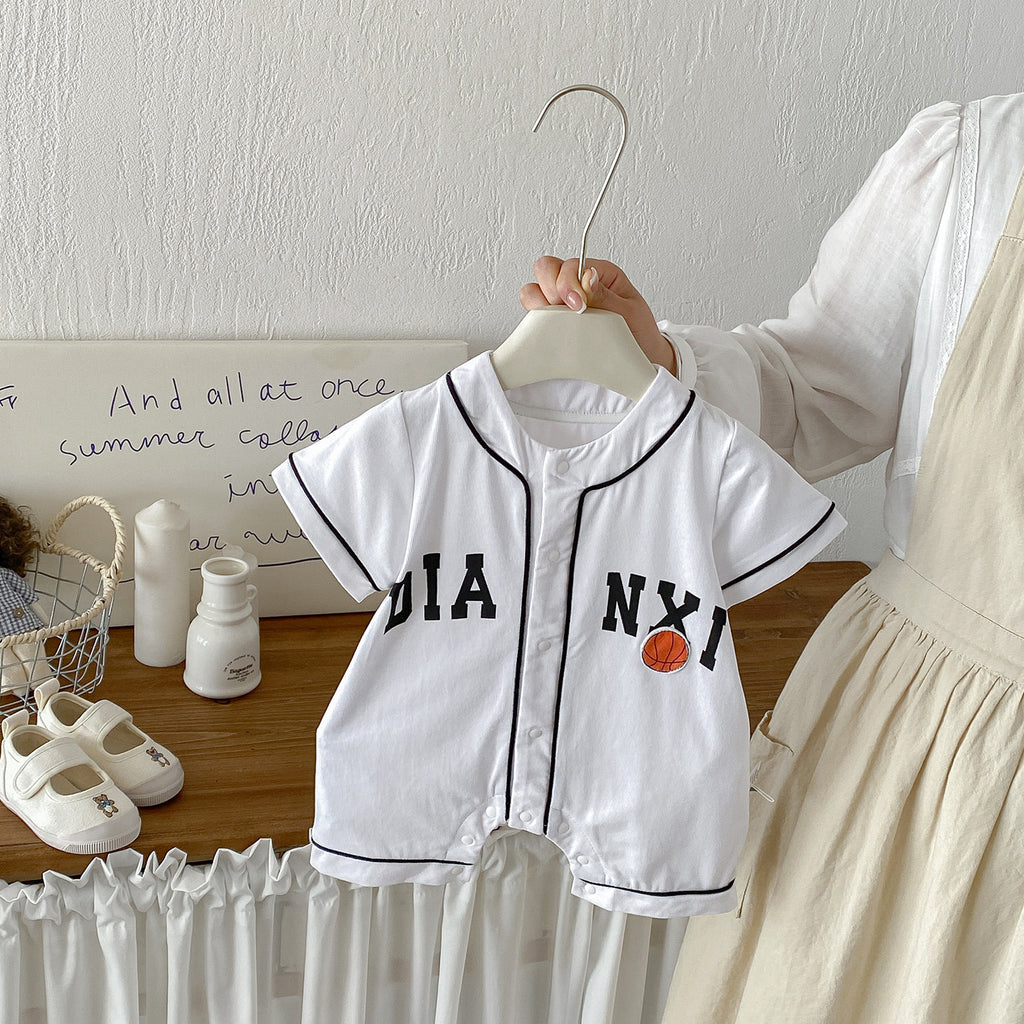 Baby Summer New  Short Sleeve Bodysuit with Basketball Applique Knit Open-Crotch Romper