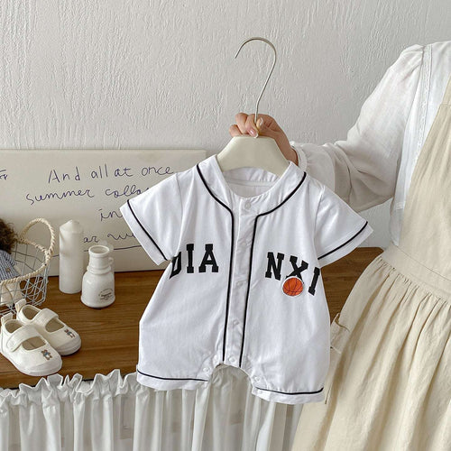 White baby short-sleeve bodysuit romper with basketball applique, snap front, open crotch