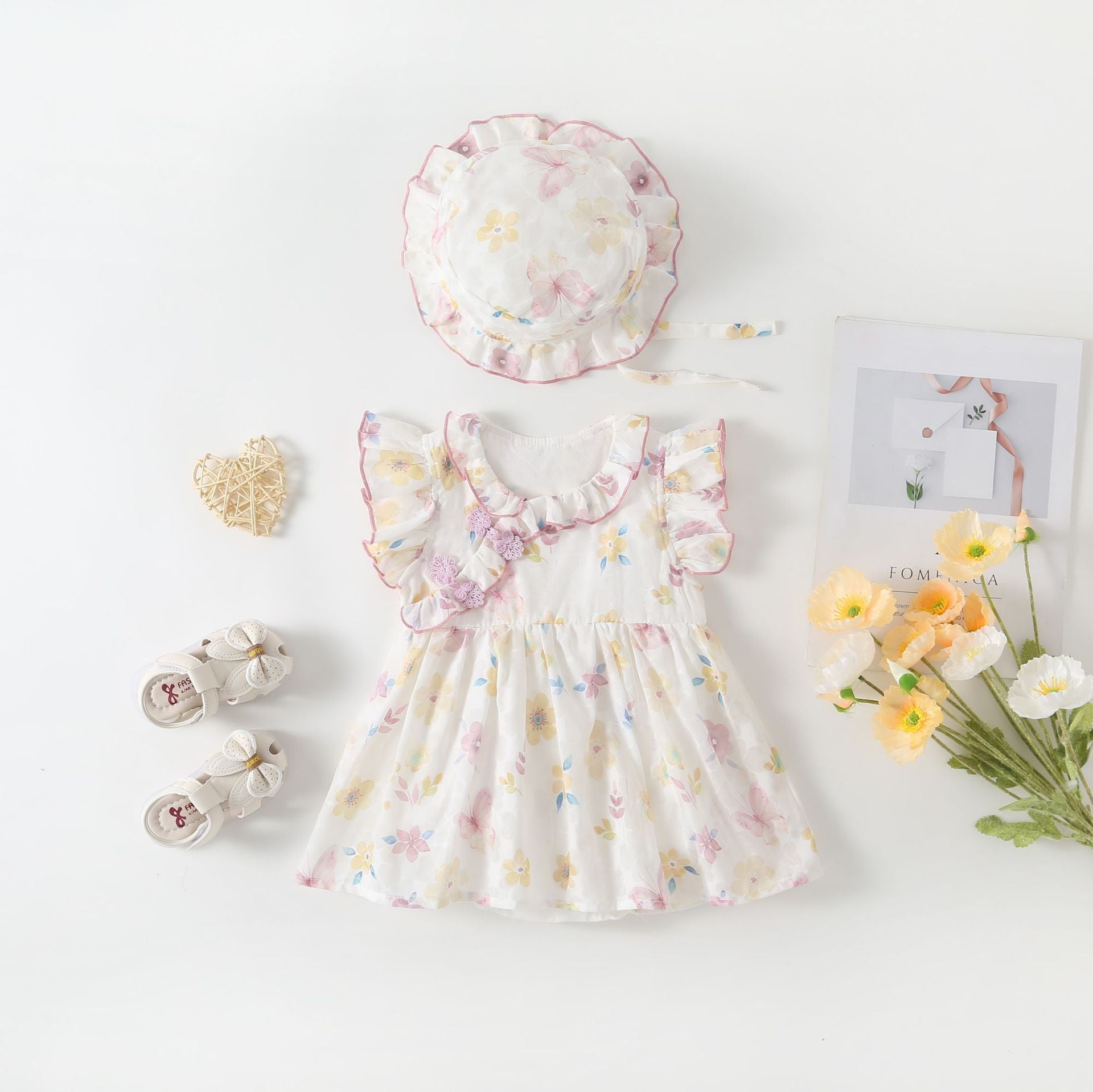 Baby Hanfu Romper DressQipao Baby Bodysuit with Floral Design, Short Sleeve, Traditional Chinese Costume for Girls