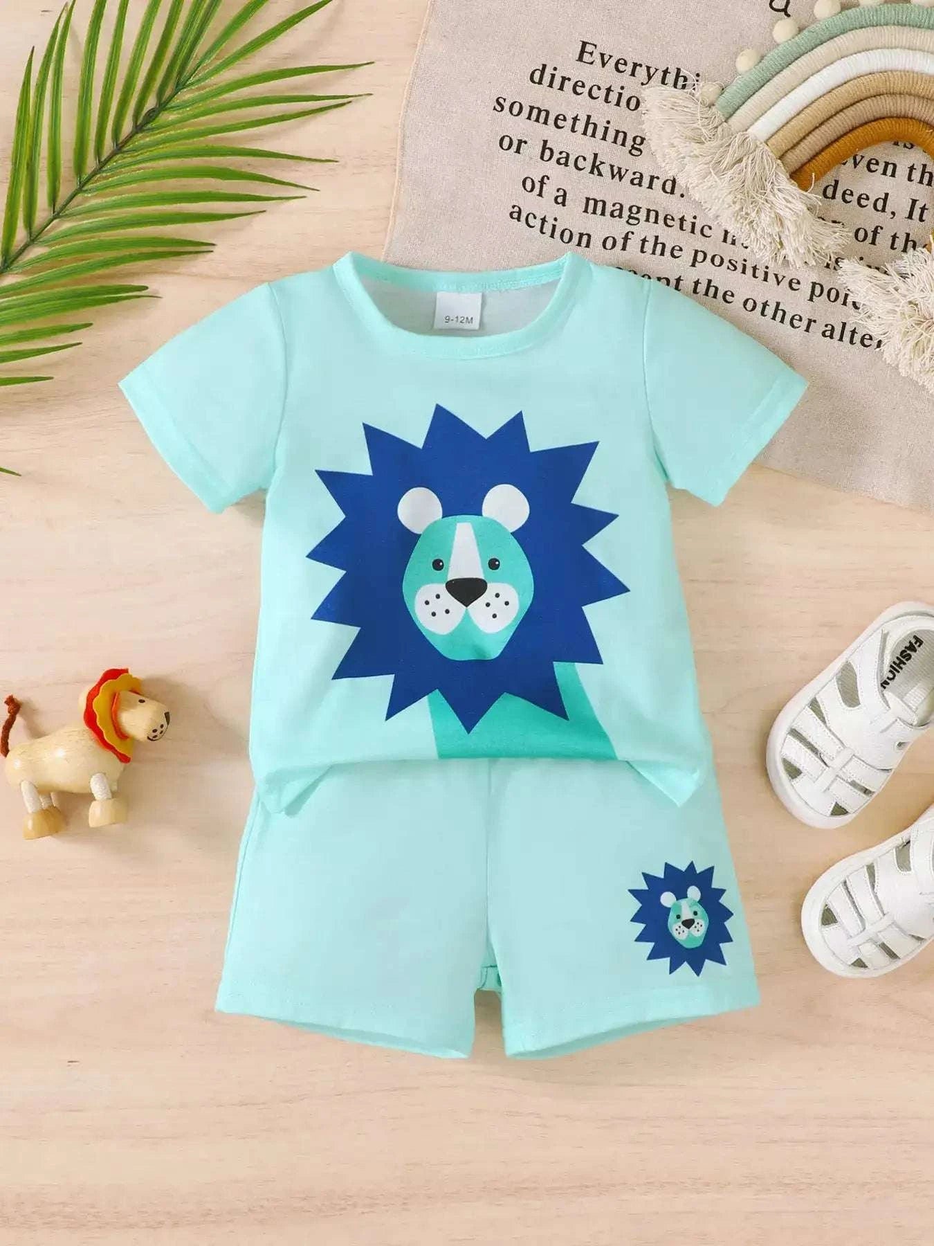 Light blue short-sleeve top and shorts set with lion face graphic