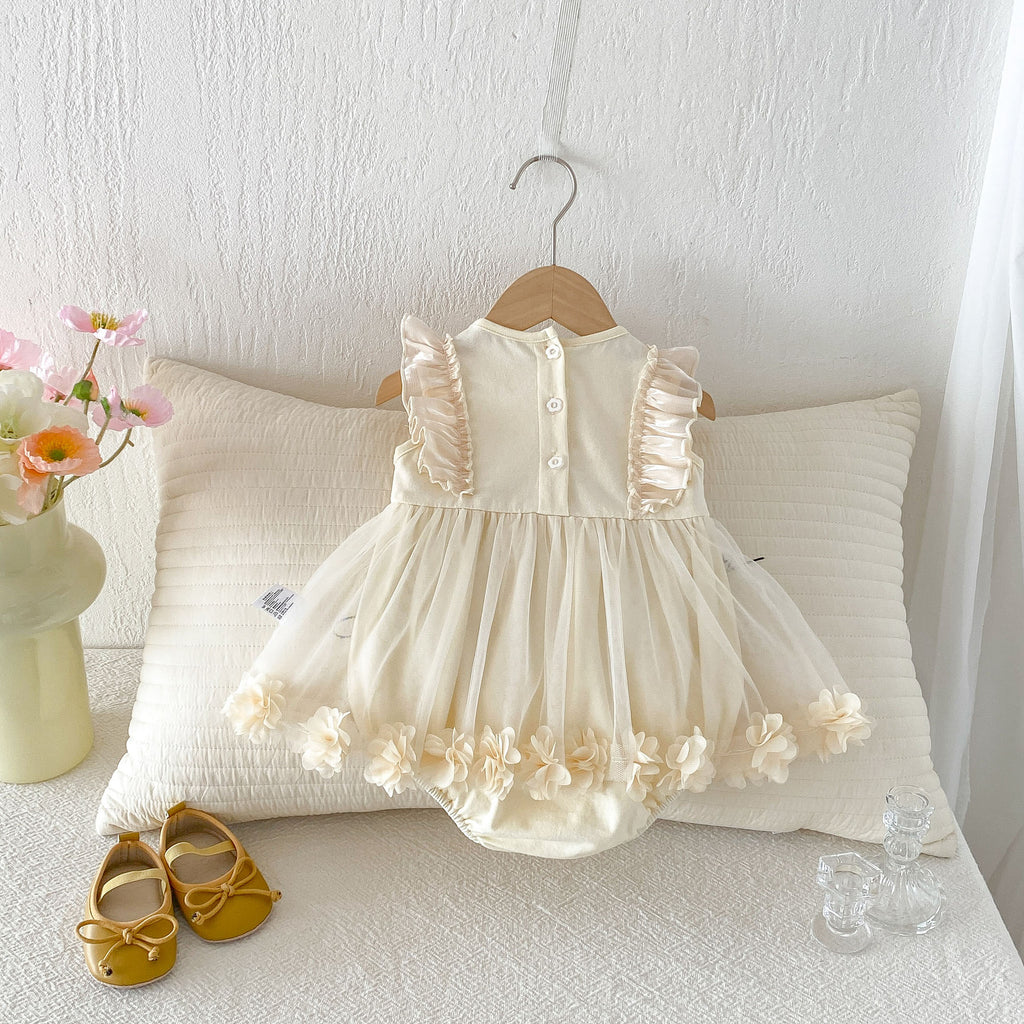 Baby Summer Clothes Mesh Romper Dress, Stylish Floral Princess Dress, Baby Girl's 100-Day Celebration Birthday One-Piece Outfit