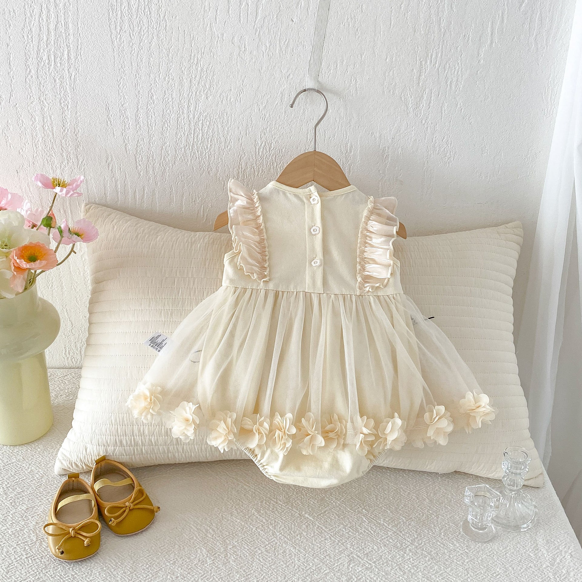 Baby Summer Clothes Mesh Romper Dress, Stylish Floral Princess Dress, Baby Girl's 100-Day Celebration Birthday One-Piece Outfit