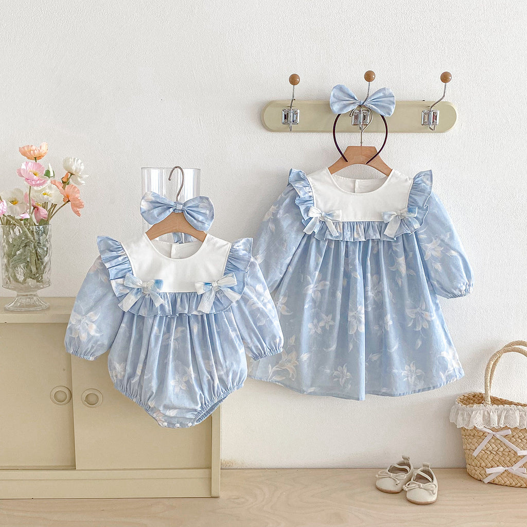 Cute Baby Girl Bodysuit with Blue Bow Dress, Spring Sister Outfit for Toddlers