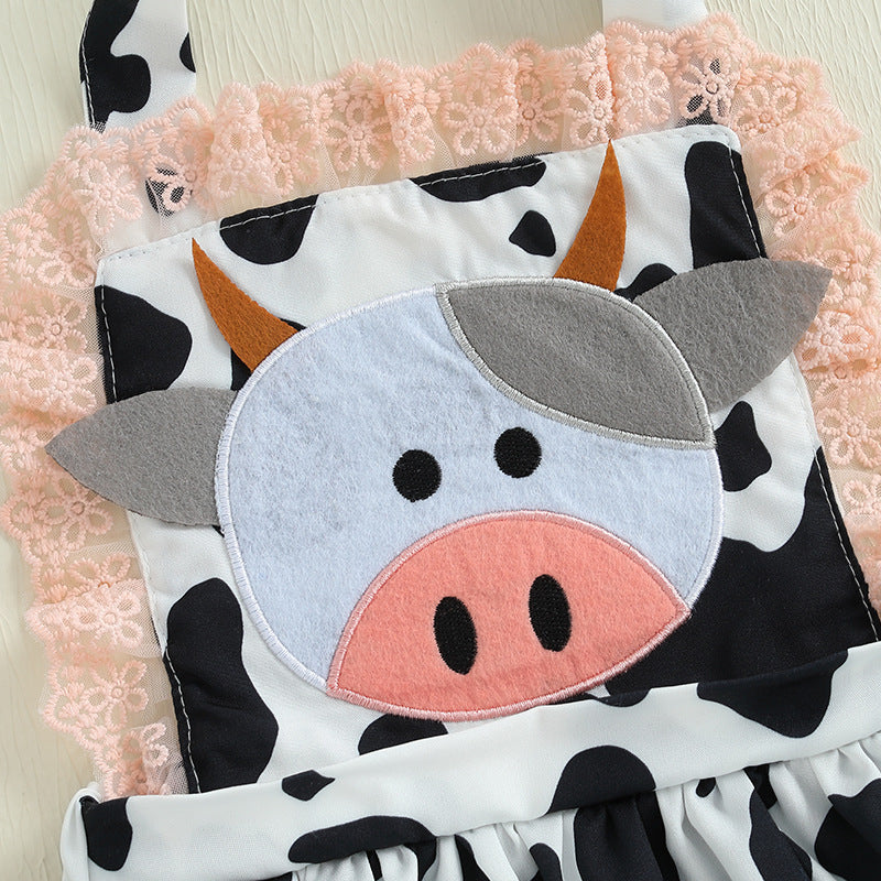 Cute Baby Cow Print Halter Bodysuit with Cow Applique, Lace Trim Skirt + Headband