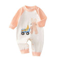 Peach and white baby jumpsuit with bunny graphic and playful buttons, snap closure