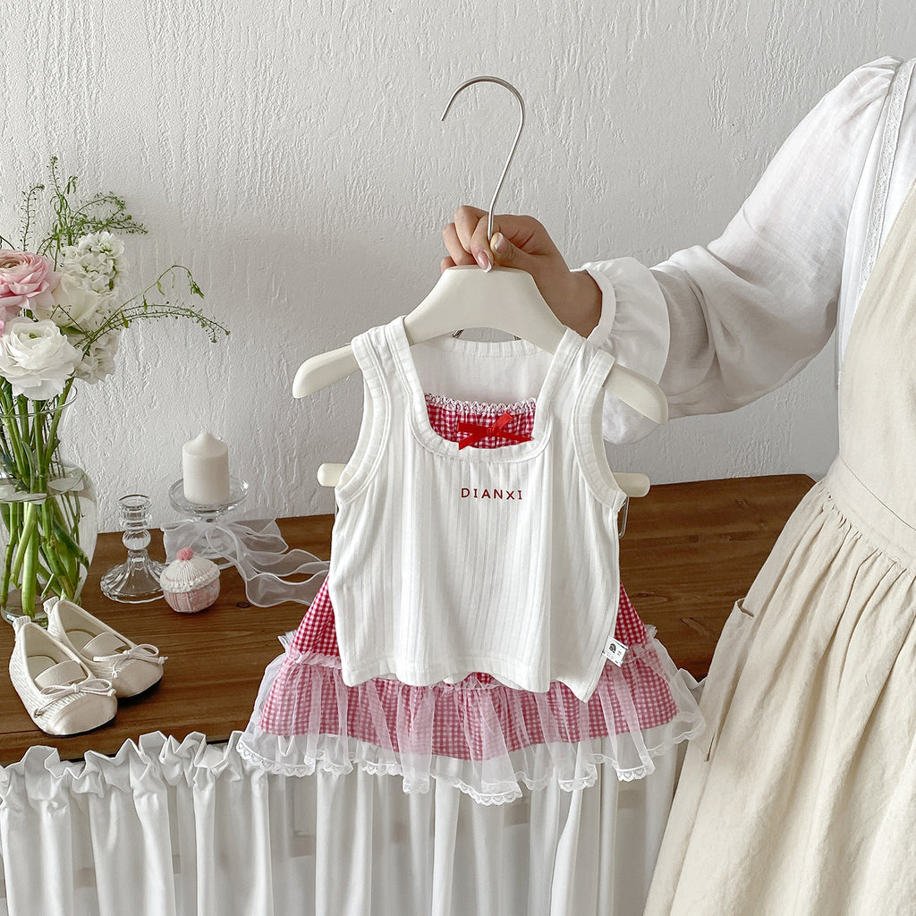 Cute Baby Girl Summer Casual Knit Vest with Cool Mesh Checkered Skirt Stylish Two-Piece Set