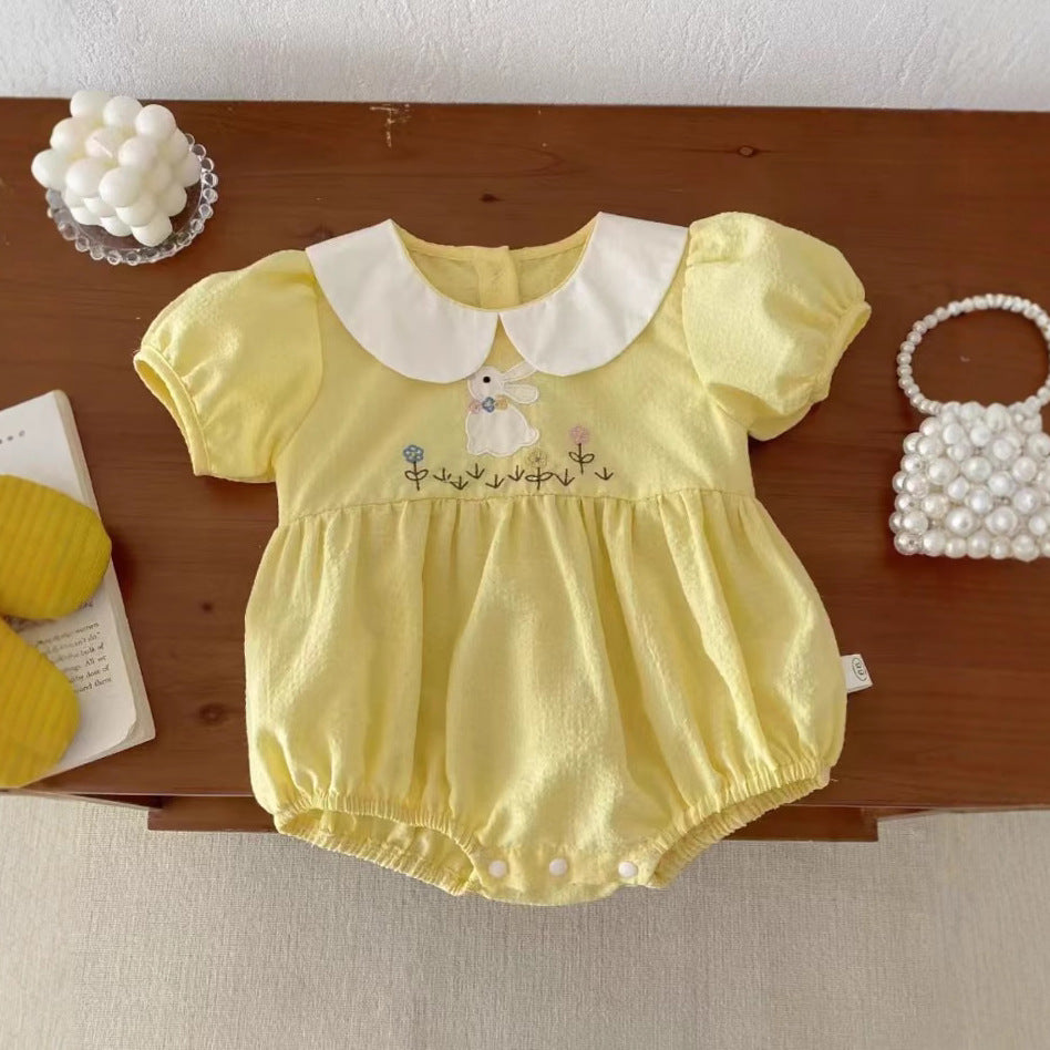 Baby Embroidered Triangular Romper 0-1 Years Summer  Sweet Crawling Suit for Girls, Full-Bodied Onesie