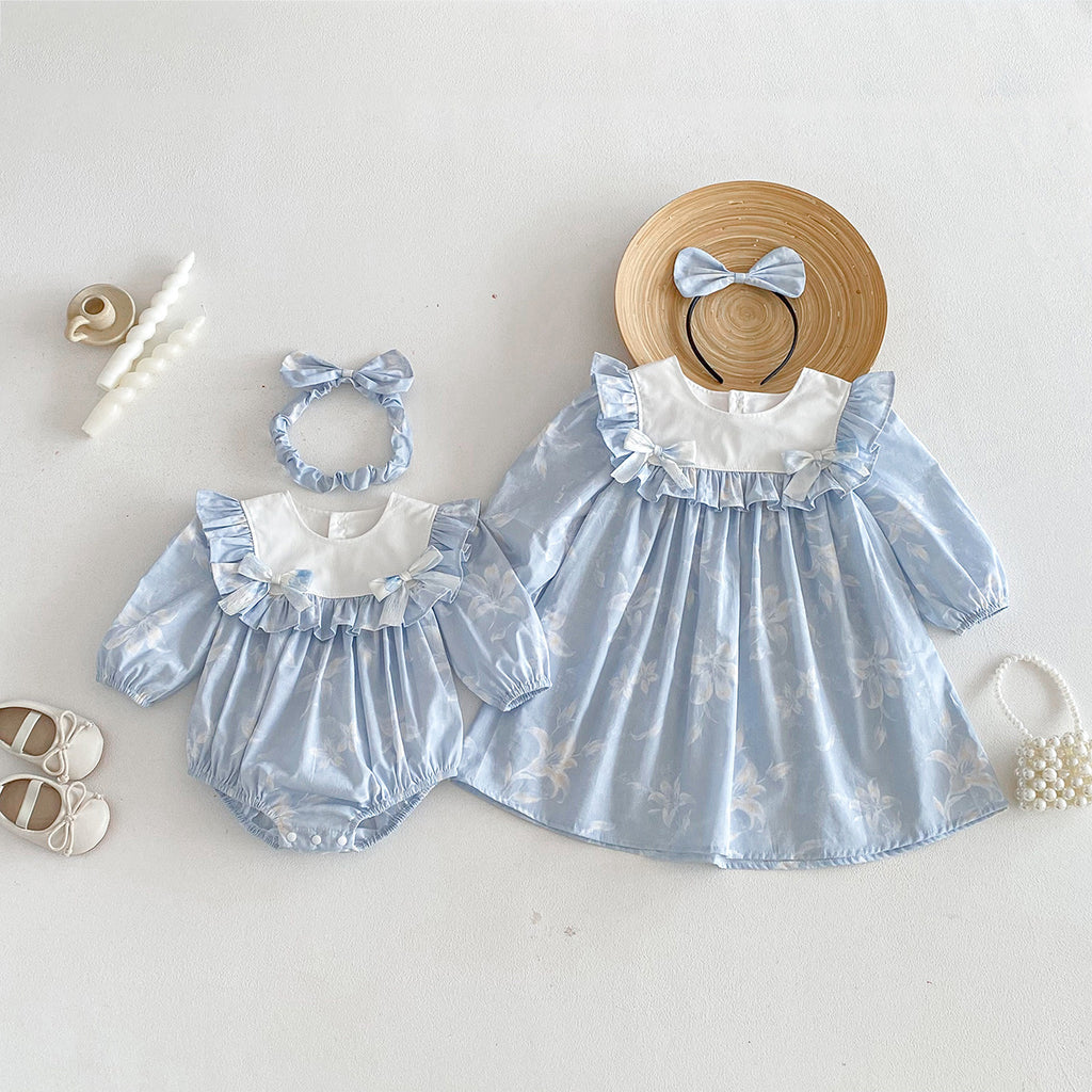 Cute Baby Girl Bodysuit with Blue Bow Dress, Spring Sister Outfit for Toddlers