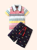 Children's striped polo and shorts set with navy graphic shorts